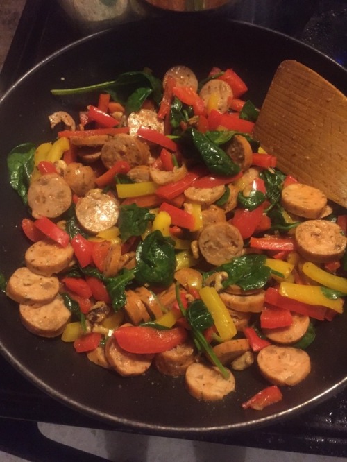 Chicken apple sausage, spinach, bell peppers and walnuts with...