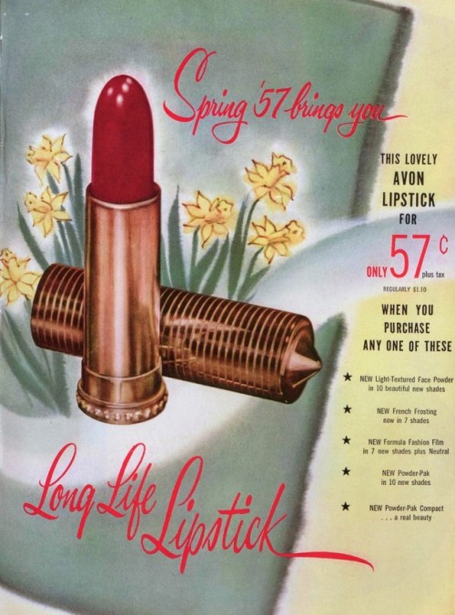 elza32358 - Avon ad from 1957 featuring “Long Life Lipstick.”