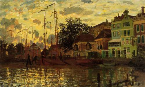 colourthysoul:Claude Monet - Le Dam à Zaandam, le soir (1871)