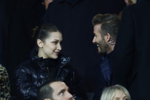 BellaHadid and David Beckham at PSG vs Real Madrid soccer...