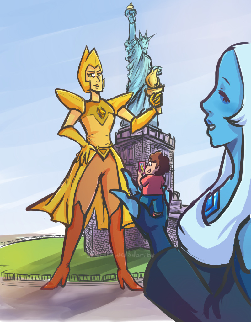 Steven and his moms travel on a vacation trip to NY I imagine that Blue and Steven are the super Extra™ kind of tourists and Yellow has to put up with it all