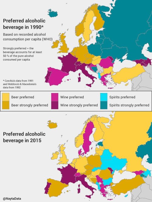 mapsontheweb:Preferred alcoholic beverage in Europe, 1990 vs....