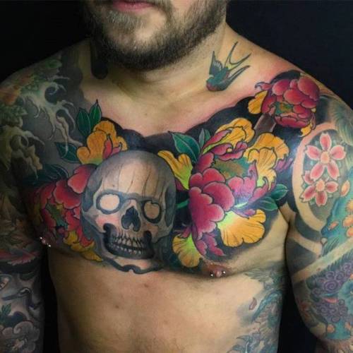 By Dalmiro Dalmont, done at Black Garden Tattoo, London.... peony;flower;skull;dalmirodalmont;anatomy;neo japanese;big;chest;facebook;nature;twitter