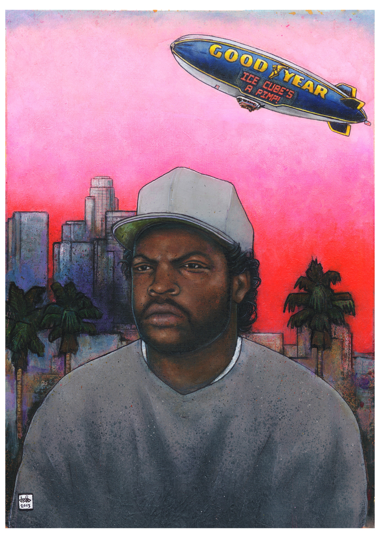 “Even saw the lights of the Goodyear blimp, and it read ‘ICE CUBE’S A PIMP’” Jef D, 2013 Acrylic on paper, 12" x 16" (SOLD) Poster prints available here Twitter: @Jef2D