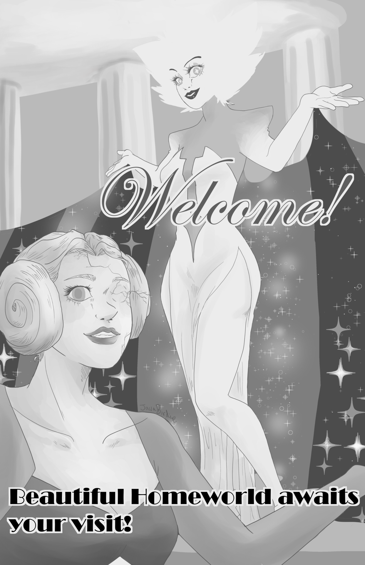 White Diamond and White Pearl remind me of those 1920s posters… Digital painting is hard…..

 cross posted on my twitter here! https://twitter.com/JavaBirdie/status/1021783527287746560