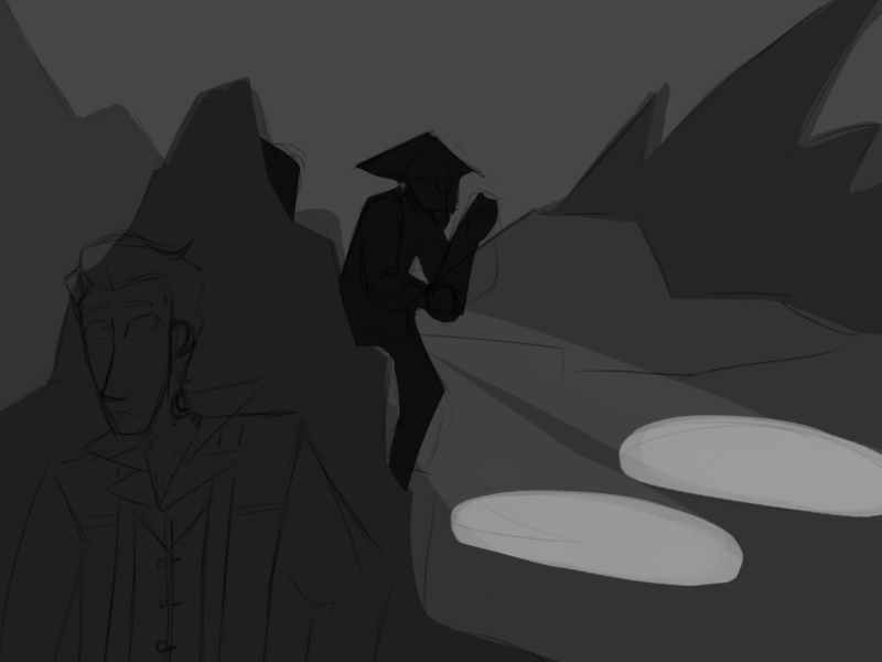 Rhys hides behind a rock as two figures search through the darkness w flashlights.