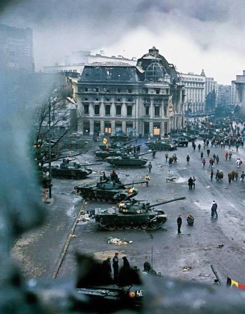 Tanks on the streets of Bucharest during the Romanian revolution...