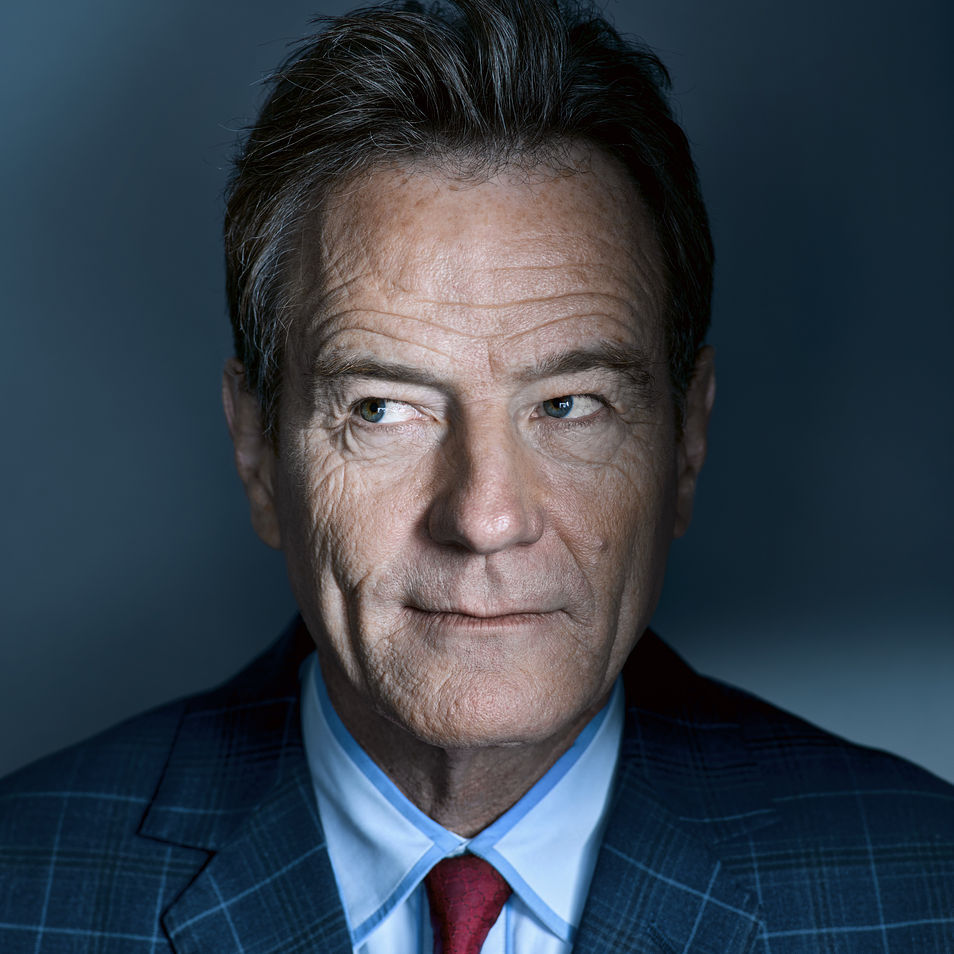 Close-up of Bryan Cranston wearing a blue plaid Brooklyn Tailors suit jacket.