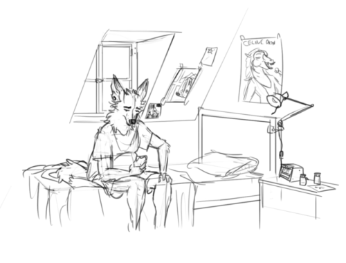 whaleoildoodles - Adrian in his cramped room, checking his phone...