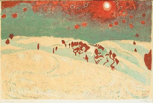 artist-amiet:Sunset in a snowy landscape, 1950, Cuno Amiet