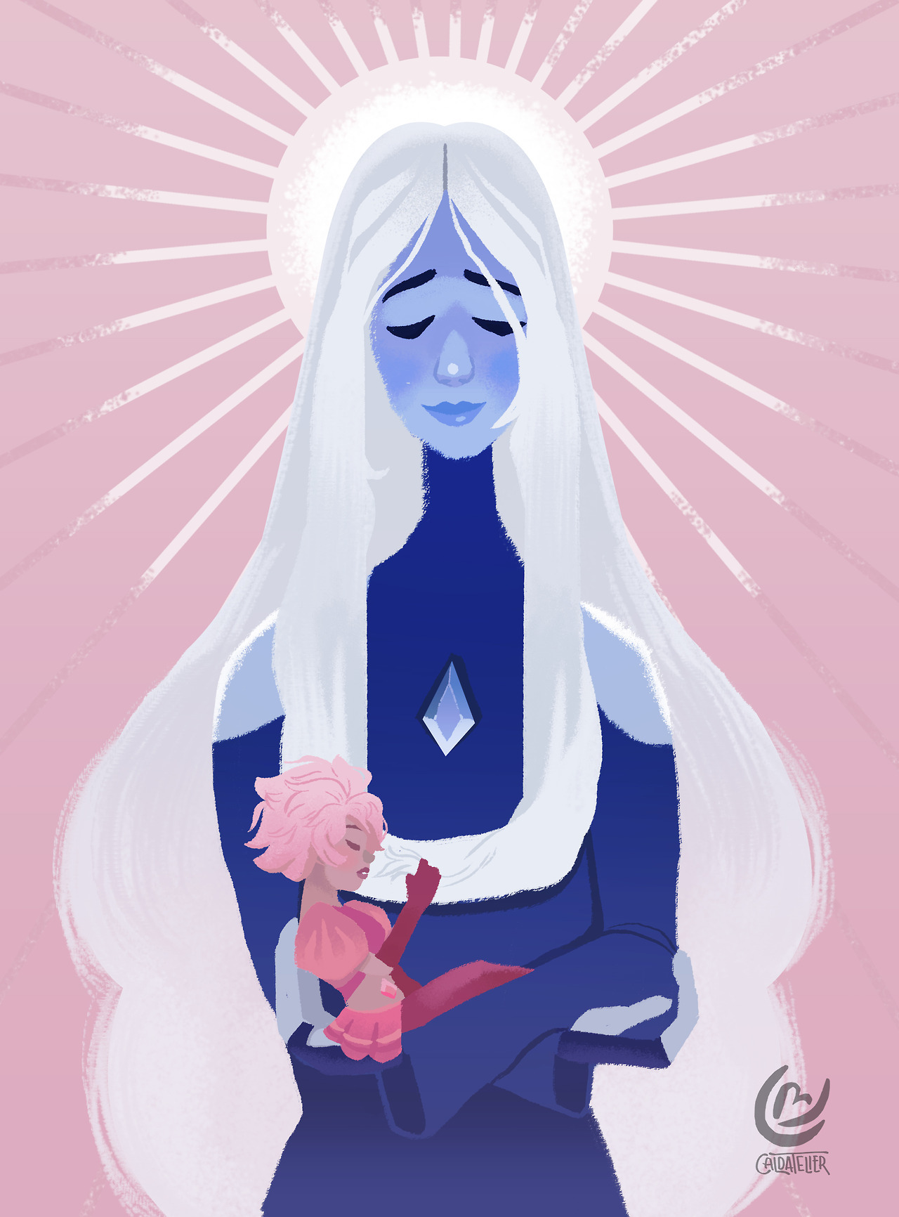 The Virgin Blue It was so shocked to finally see Pink Diamond for first time that she seems so tiny as a baby to the diamond family.