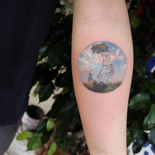 By Eva krbdk, done at Bang Bang Tattoo, Manhattan.... art;geometric shape;small;patriotic;circle;france;contemporary;tiny;ifttt;little;claude monet;inner forearm;woman with a parasol;evakrbdk