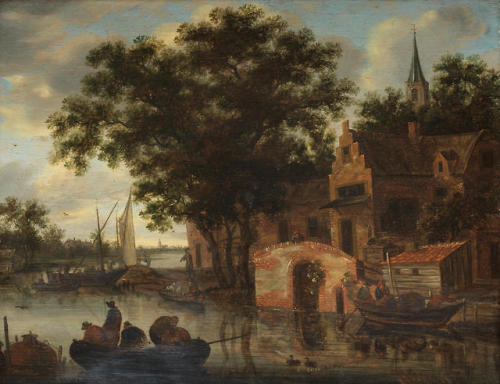 laclefdescoeurs:A riverside town with figures in a ferry,...