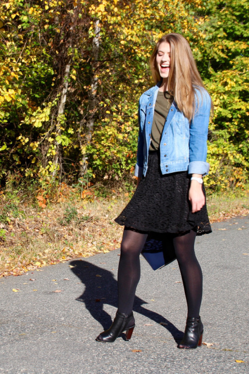 Black lace skirt with pantyhose, green top and denim jacket