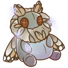 a cute, cartoony drawing of the dragon as a mith doll; the doll is a round, fluffy moth with large button eyes and has been coloured to match the dragon, with a grey body, brown butterfly-patterned wings, and a scattering of glowing silver fireflies.