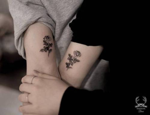 Tattoo tagged with: flower, small, matching, matching tattoos for couples,  bicep, tiny, love, rose, zihwa, ifttt, little, nature, blackwork, couple,  illustrative 