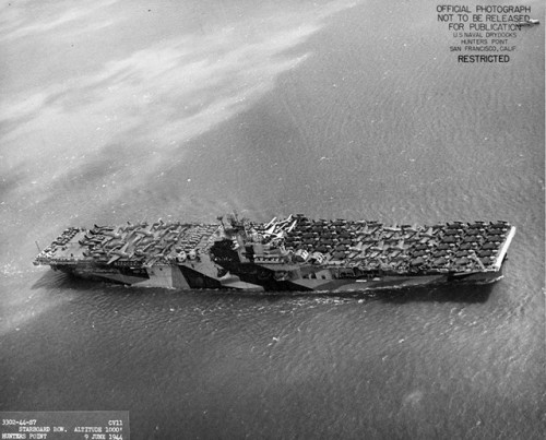 warhistoryonline:USS Intrepid departing San Francisco,...