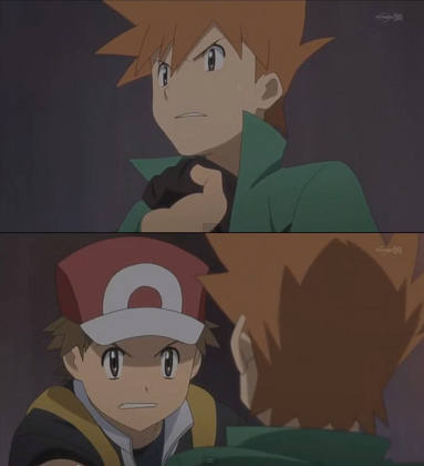 Red persuades Blue to help out against Team Rocket with his impeccable debating skills and smooth negotiating manner.