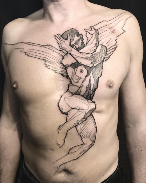 L'oiseau etching;belly;scar;chest;angel