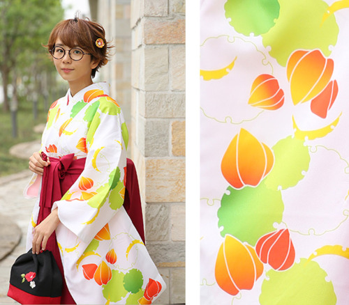 tanuki-kimono - Hozuki (physallis) hakama set by Nico Antique