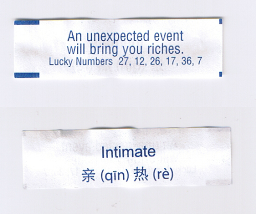 fortuneaday - [A white fortune cookie paper with blue text....