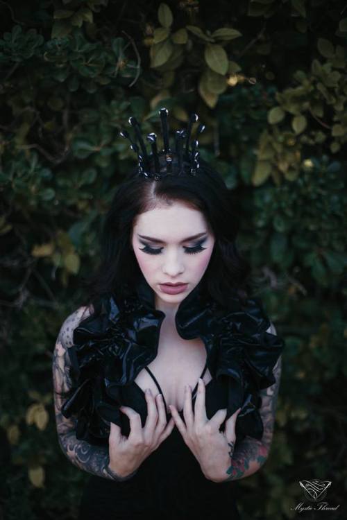 mysticthread - Black satin crown decorated with crystals,...