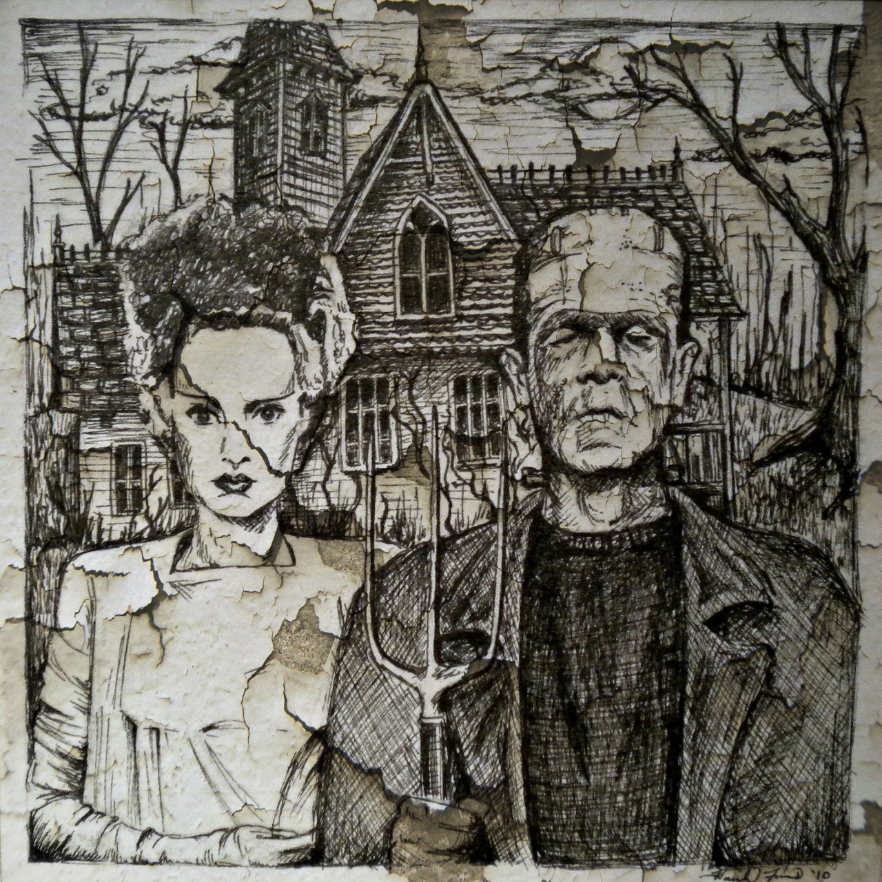 The first in a series of classic masterpieces as interpreted by classic universal monsters: Frankenstein’s American Gothic. See more and follow at http://hannahbpacious.tumblr.com/