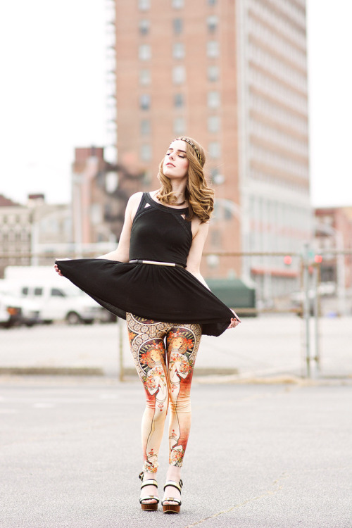 Mucha print pastel leggings with black dress and wooden heels