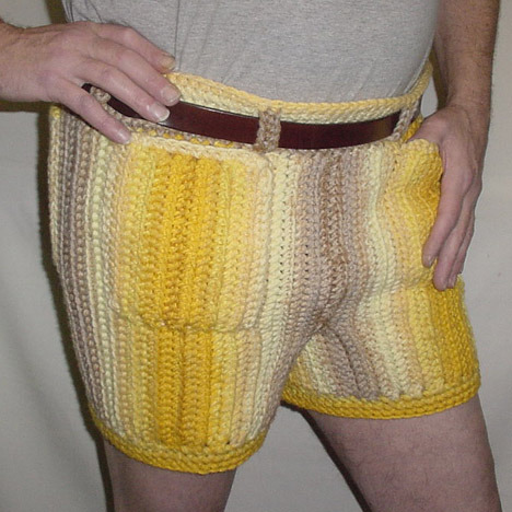 randomitemdrop:Item: pair of yellow crocheted men’s shorts,...