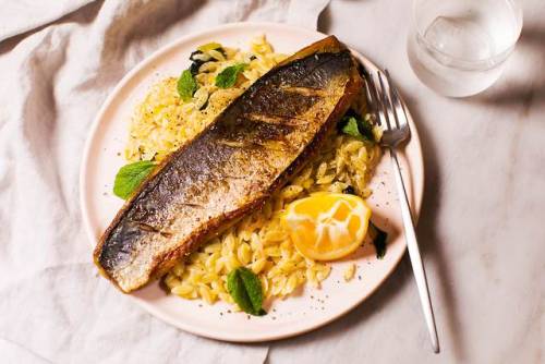 This is Pan-fried Mackerel on top of Buttery Orzo with Lemon and...