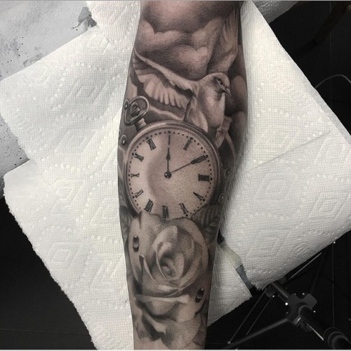 Tattoo tagged with: bird, clock, portrait, rose