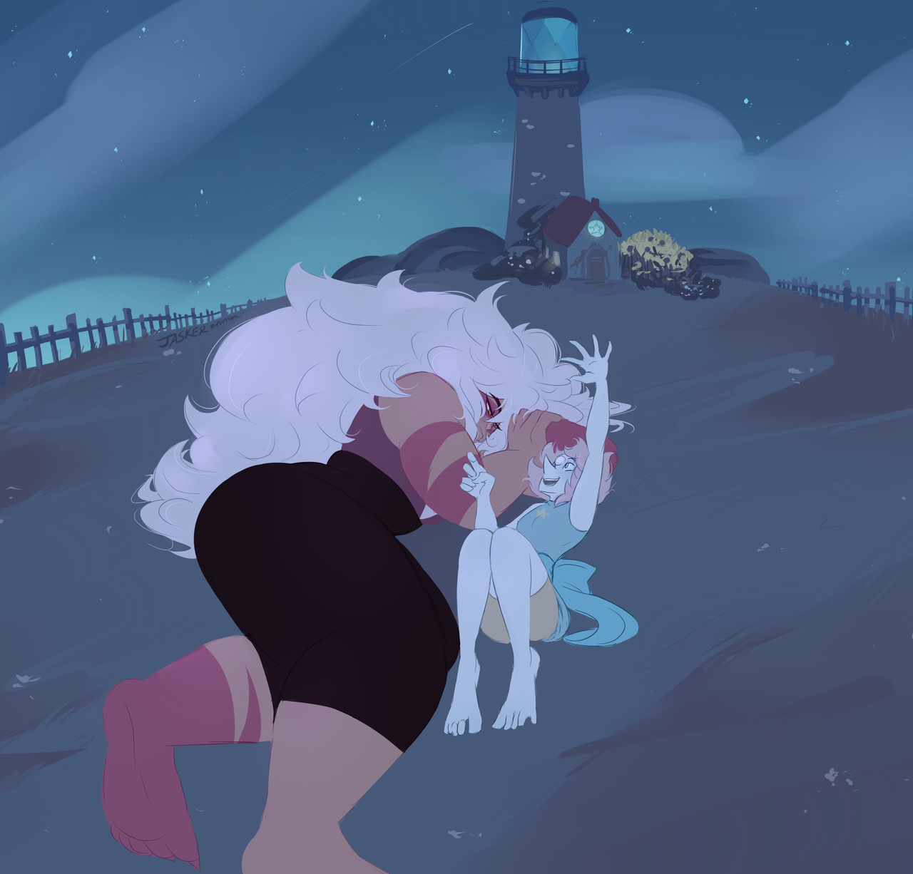 shes got those looove lovey eyes ♡♡♡ pearl is excitedly telling her about star systems and distant galaxies she’s visited that she can see from here and jasper is just 😍💕💗💖