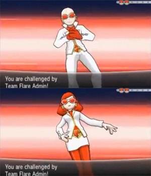 Whatever else may be said about them, I love the Team Flare Admins' ridiculous pimp outfits.