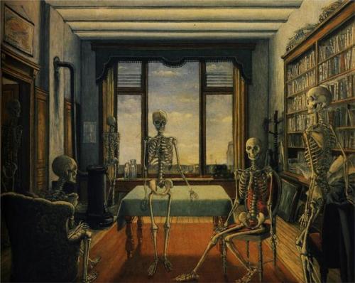 my-secret-eye - Paul Delvaux, Skeletons in an Office, 1944