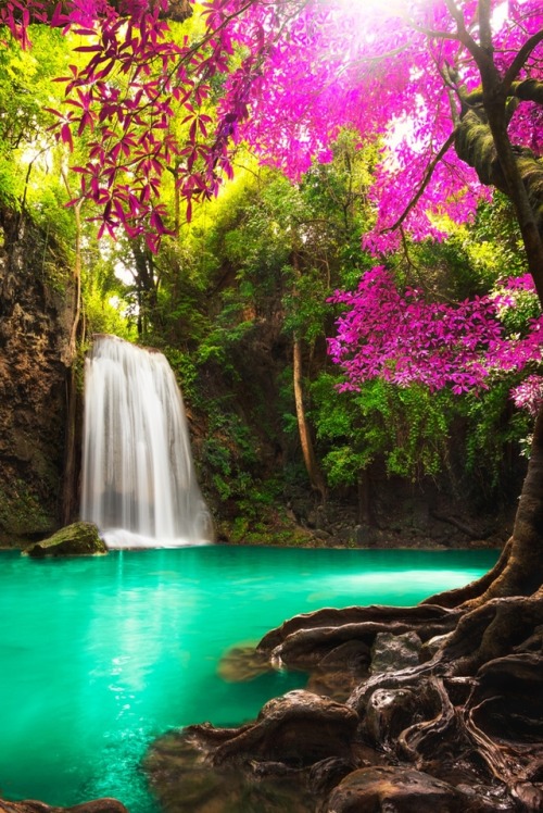 s-m0key - Waterfall in autumn forest at Erawan waterfall National...
