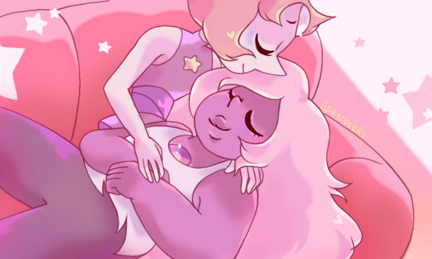 desolateilluminations said: Drawing Request: Cute fluff Pearlmethyst art. Maybe something along the lines of.. Maybe them cuddling on the couch and talking and blushing or something. Thank...