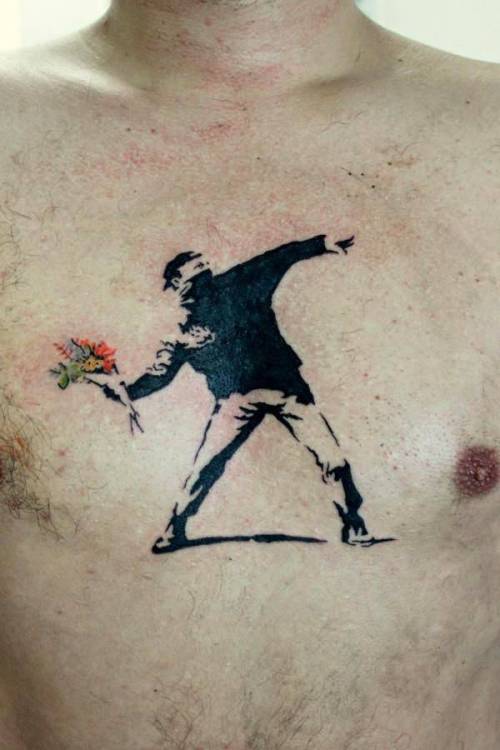 By Victor Octaviano, done at Puros Cabrones Tattoo, Santo André.... art;big;chest;graphic;banksy;flower thrower;facebook;twitter;victoroctaviano;stencil