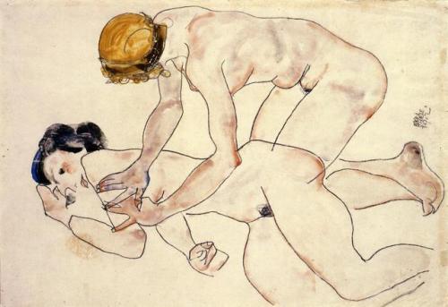 expressionism-art - Two Female Nudes, One Reclining, One...