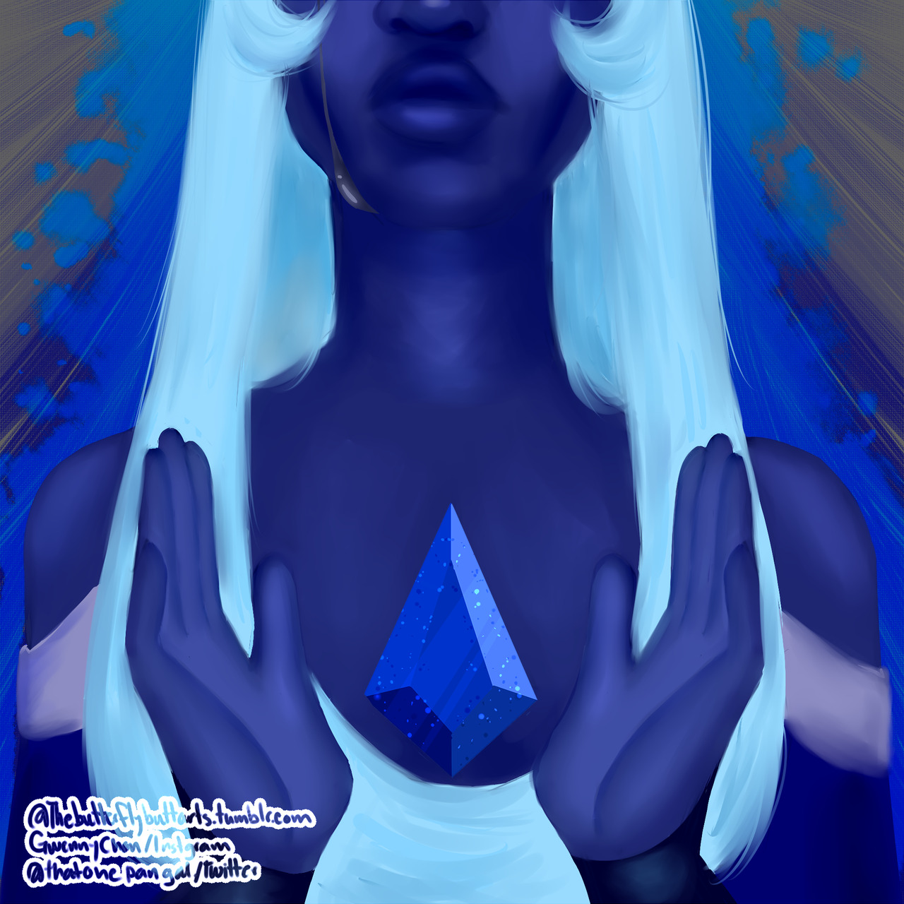 blue diamond is my fave!! I thought it would be cool to draw what i thought she looked like plus some canon design so kinda a redesign? I think i might do the others like this with just their gems...
