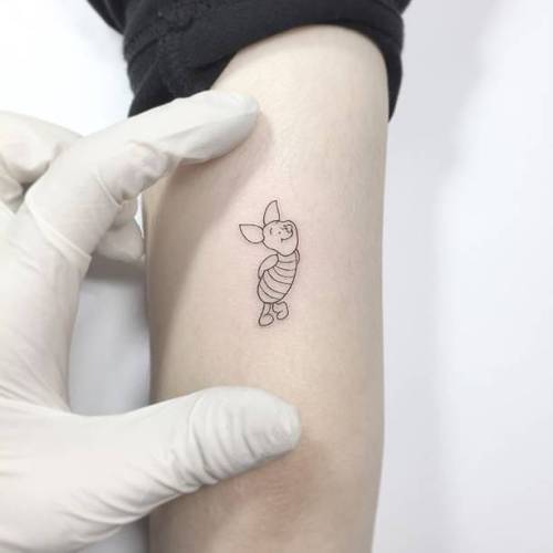 Tattoo tagged with: small, winnie the pooh, micro, tiny, disney, pig,  cartoon, ifttt, little, minimalist, film and book, fine line, cartoon  character, piglet, fictional character, bicep, line art, animal, playground  