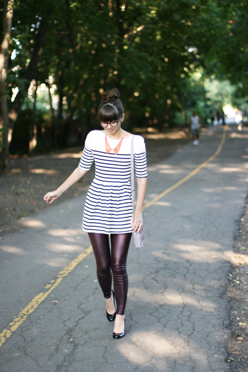 Shiny copper leather leggings and striped b&w dress