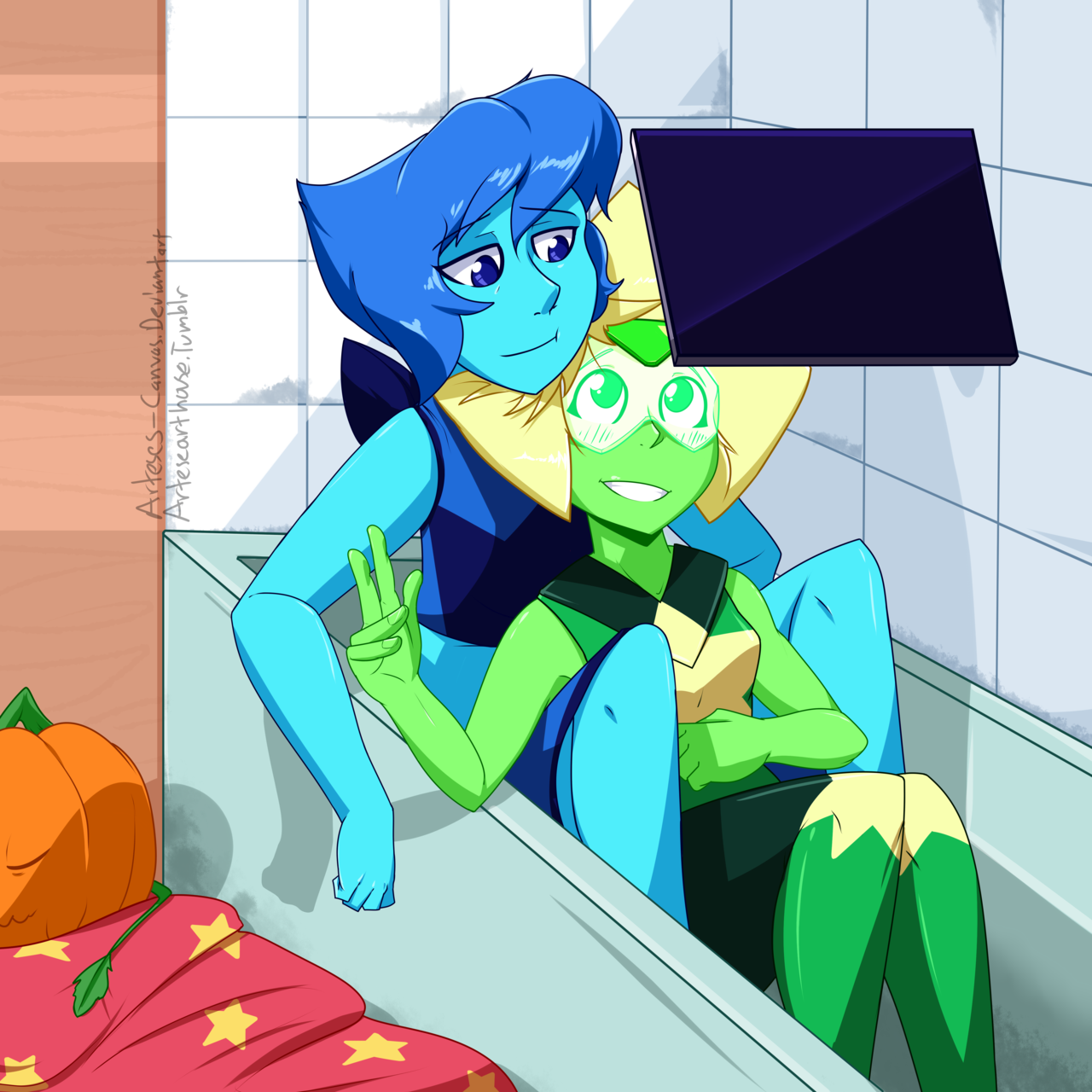 Tablet Tub Time Peridot likes to show Lapis funny videos in their spare time. https://www.deviantart.com/arteses-canvas