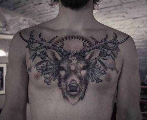By Grindesign · Róbert Borbás, done at Rooklet INK, Budapest.... big;deer;animal;chest;facebook;blackwork;twitter;grindesign robert borbas;illustrative