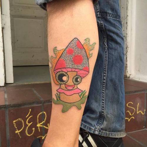 Tattoo tagged with: mushroom, leg, food, cartoon, facebook, nature,  twitter, medium size, kawaii, pengi, illustrative 
