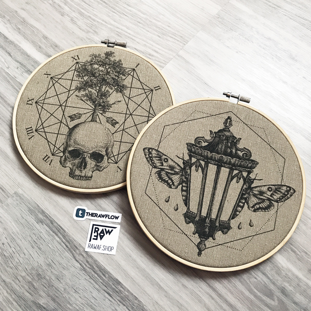 “III. Time waits for no one” and “IV. Never alone” dotwork canvas prints framed in embroidery hoops By raw Shop: www.rawaf.shop — Immediately post your art to a topic and get feedback. Join our new community, EatSleepDraw Studio, today!