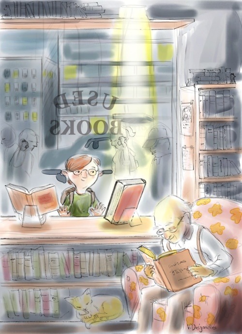 Atrapado en el escaparate de la librería (ilustración de Vincent Desjardins)