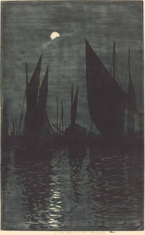 forevernoon - Moonlight in the Harbor at Dieppecolour etching...