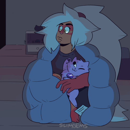 jasker said: oh mmm if you're still doing suggestions, maybe jasper in a big comfy blanket? perhaps with an optional cuddle buddy of your choice lol Answer: waitinn on steven to get back w snacks