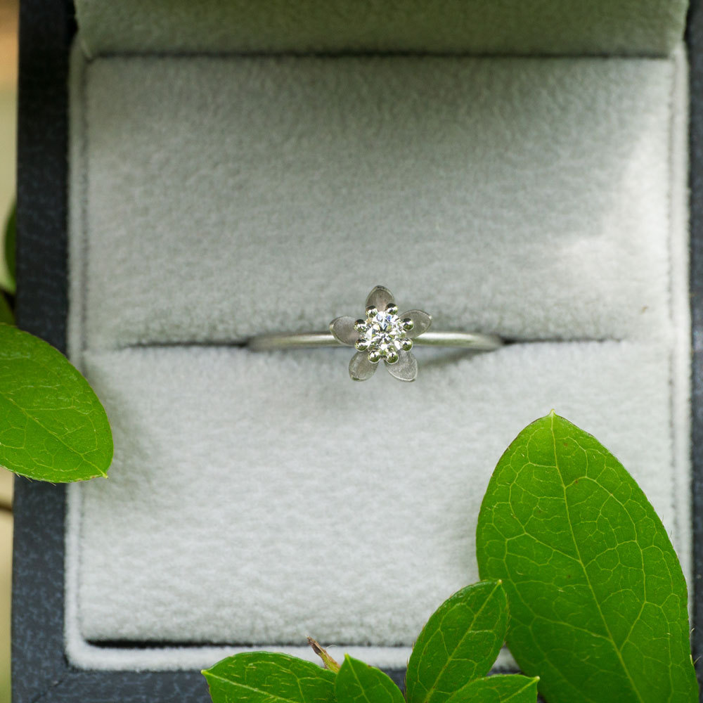 オーダーメイドのエンゲージリング　ケース、屋久島の緑とともに　プラチナ、ダイヤモンド　屋久島でつくる結婚指輪
