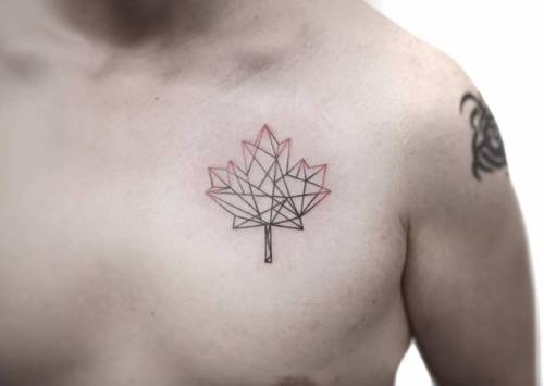 Tattoo tagged with: small, leaf, chest, low poly, tiny, kevinking, travel,  ifttt, little, nature, maple leaf, experimental, medium size, other,  canada, patriotic, line art 